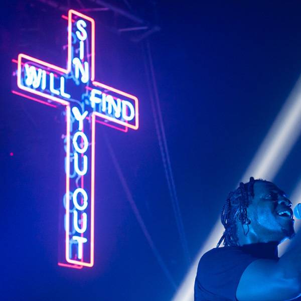Neon light shape cross sin will find you out