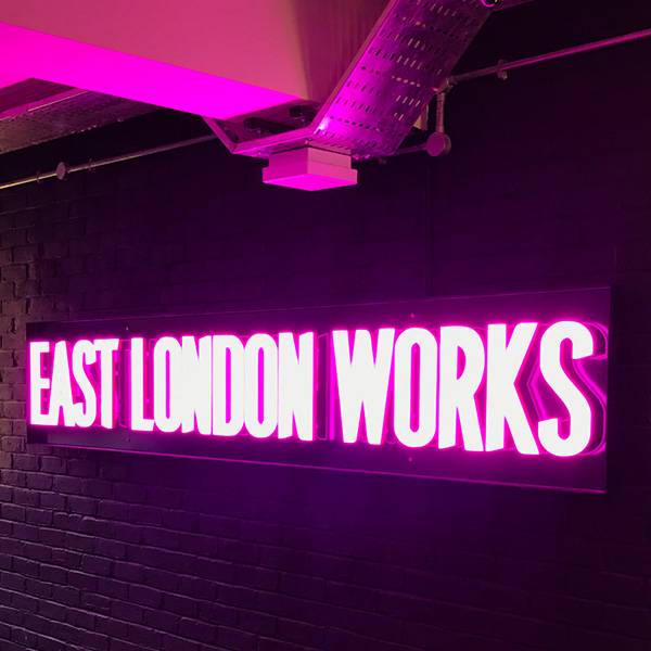 Neon Ultra sign faux neon pink East London Works logo