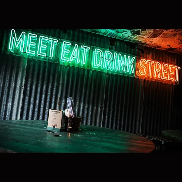 meet eat drink street neon bar sign